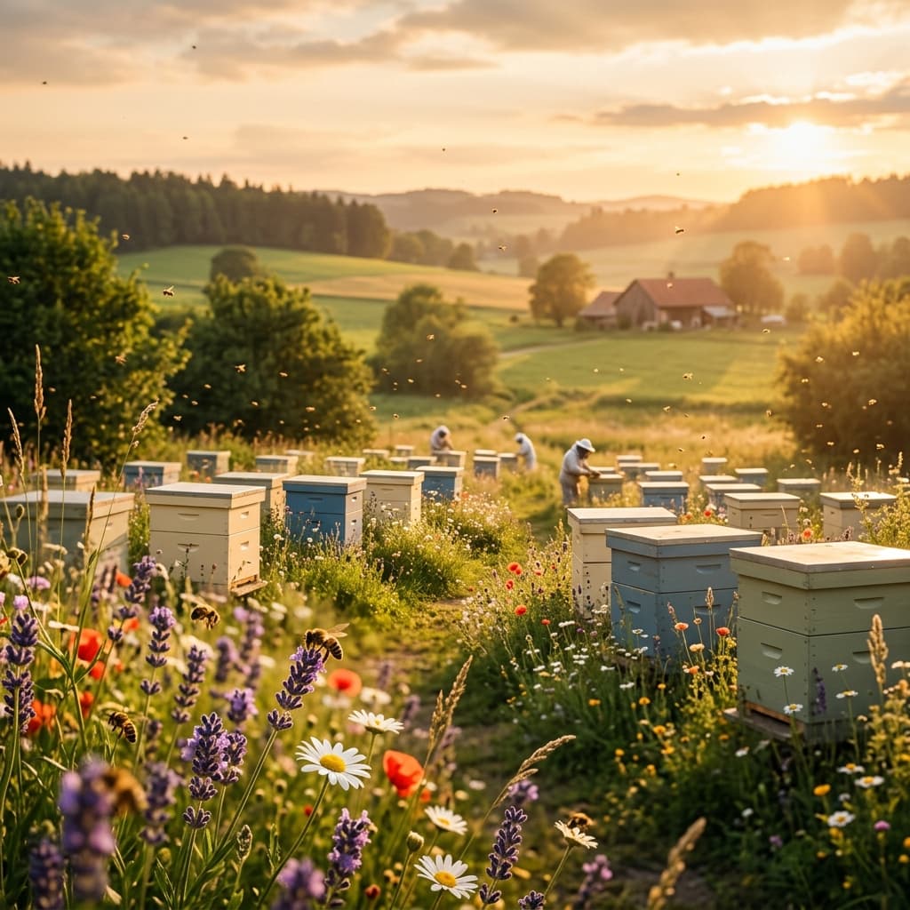 Beautiful apiary field at golden hour